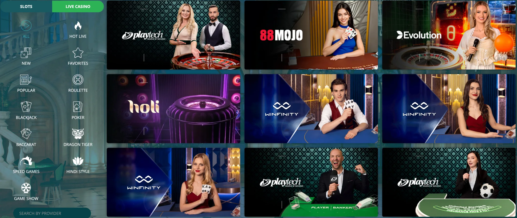 The 22Bet live casino lobby with real-dealer tables
