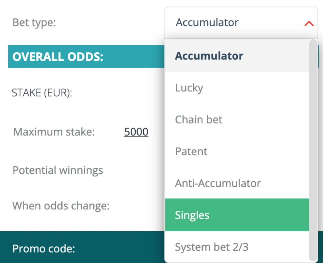 The 22Bet betslip with bet types