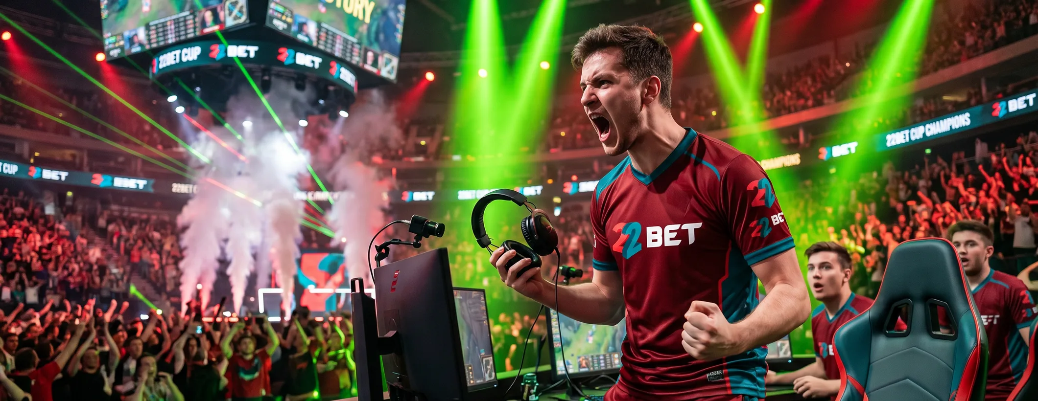 A 22Bet esports player celebrating on stage