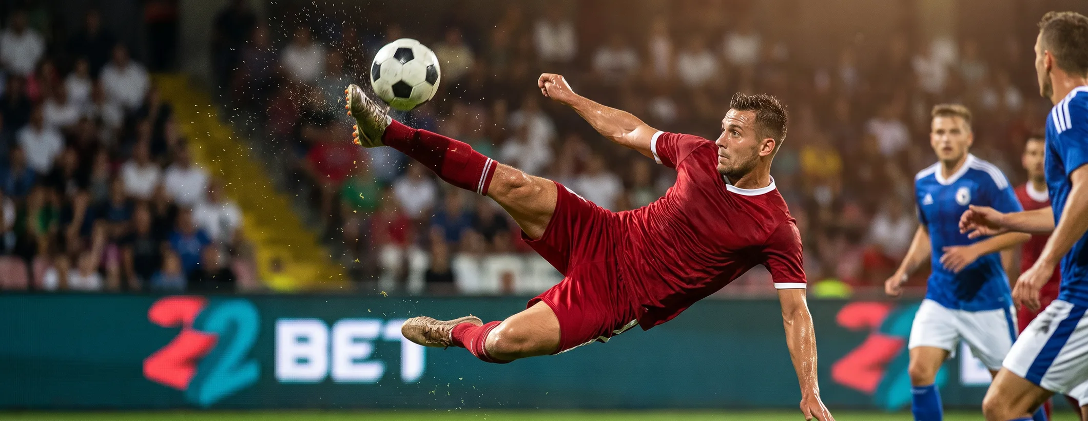 A footballer volleying in front of a 22Bet pitchside board