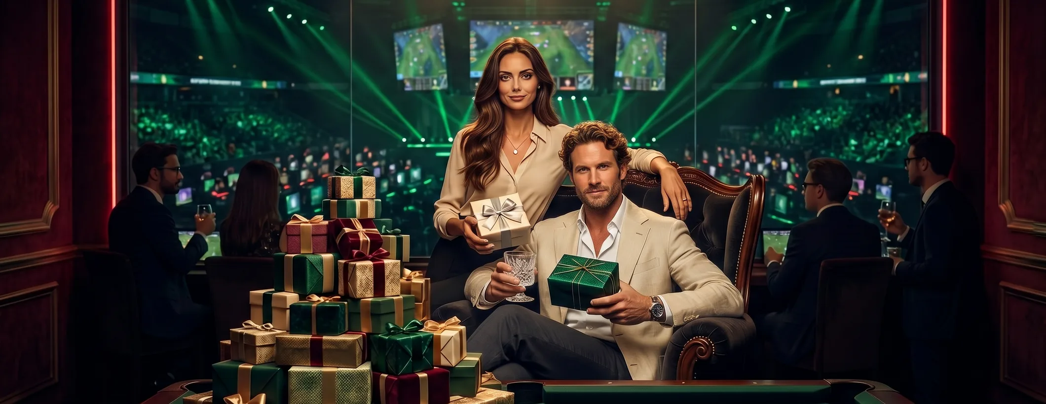 A couple with a pile of 22Bet gift boxes
