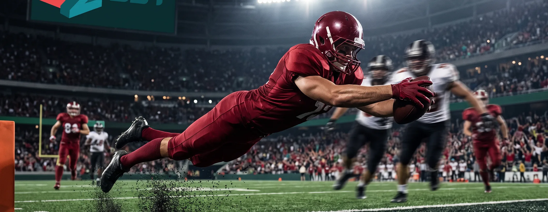 An American football player diving for a touchdown