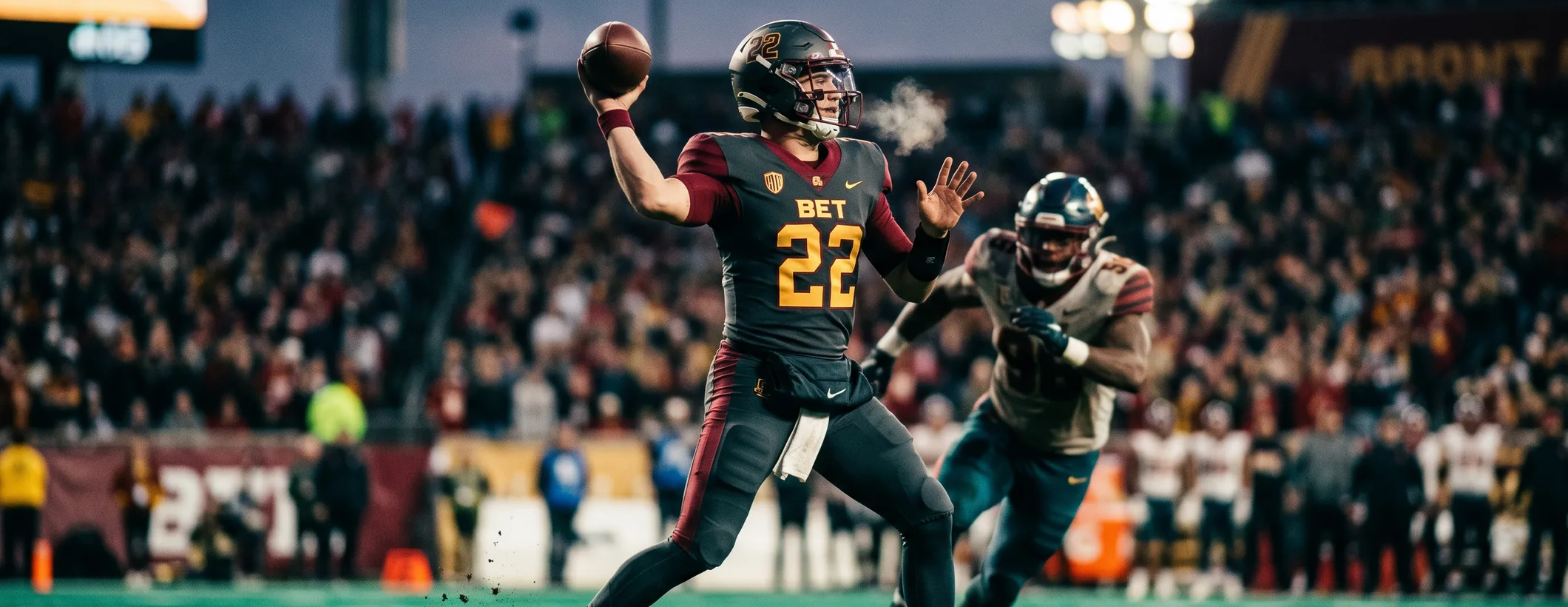 An American football quarterback in a 22Bet shirt throwing a pass