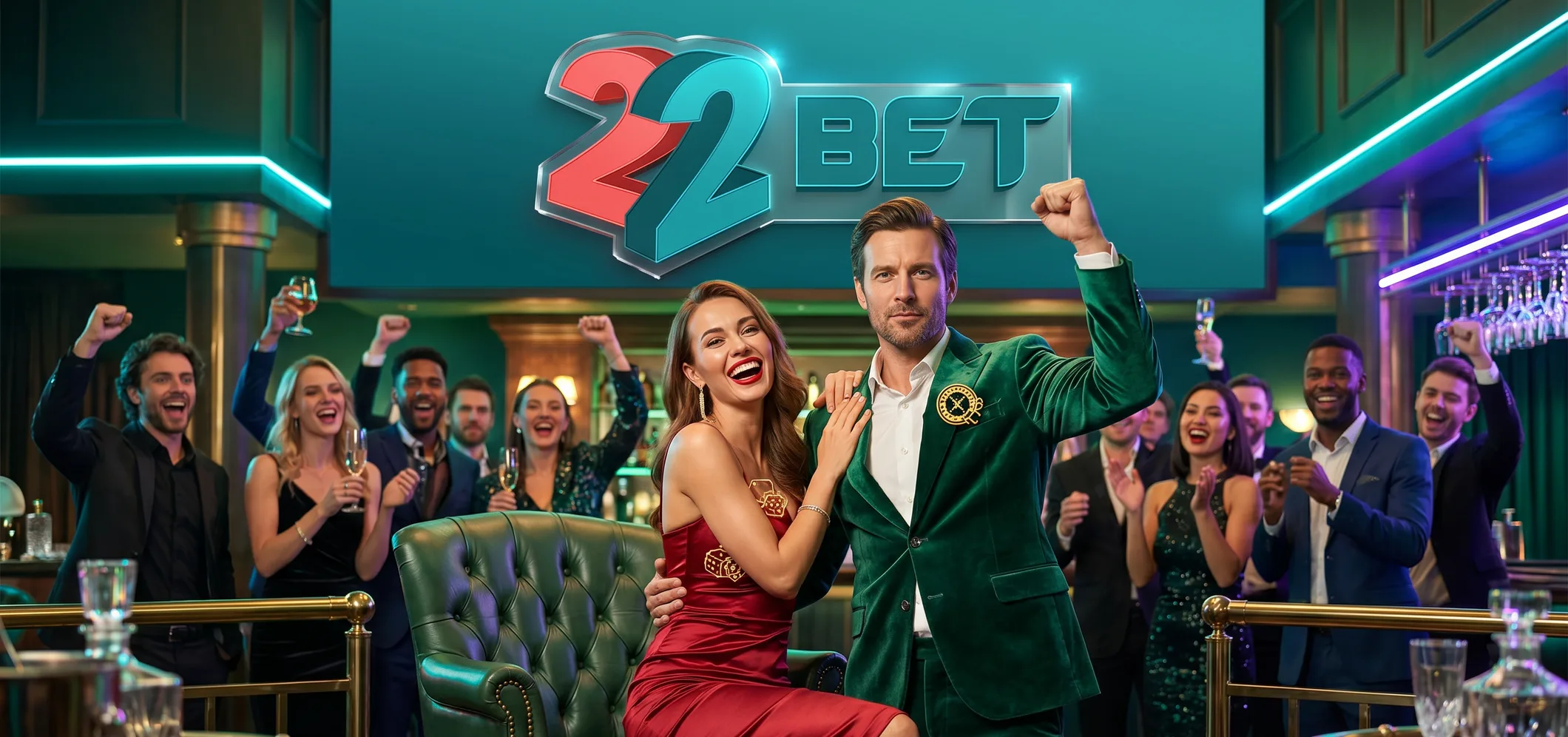 Guests celebrating under a 22Bet sign