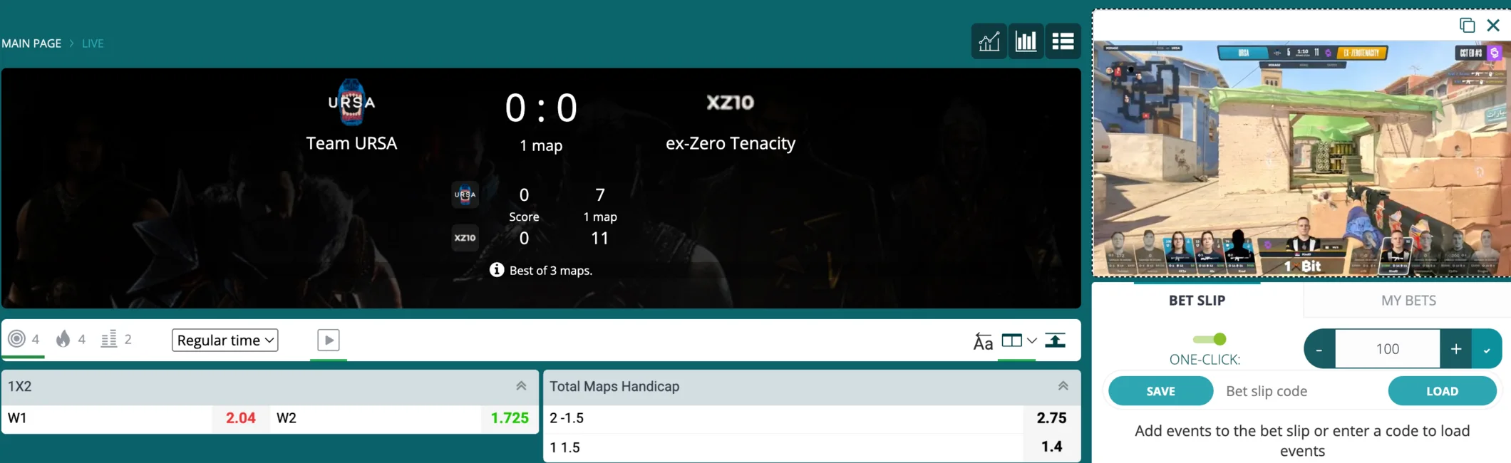 A live esports match with the stream inside the 22Bet betting panel