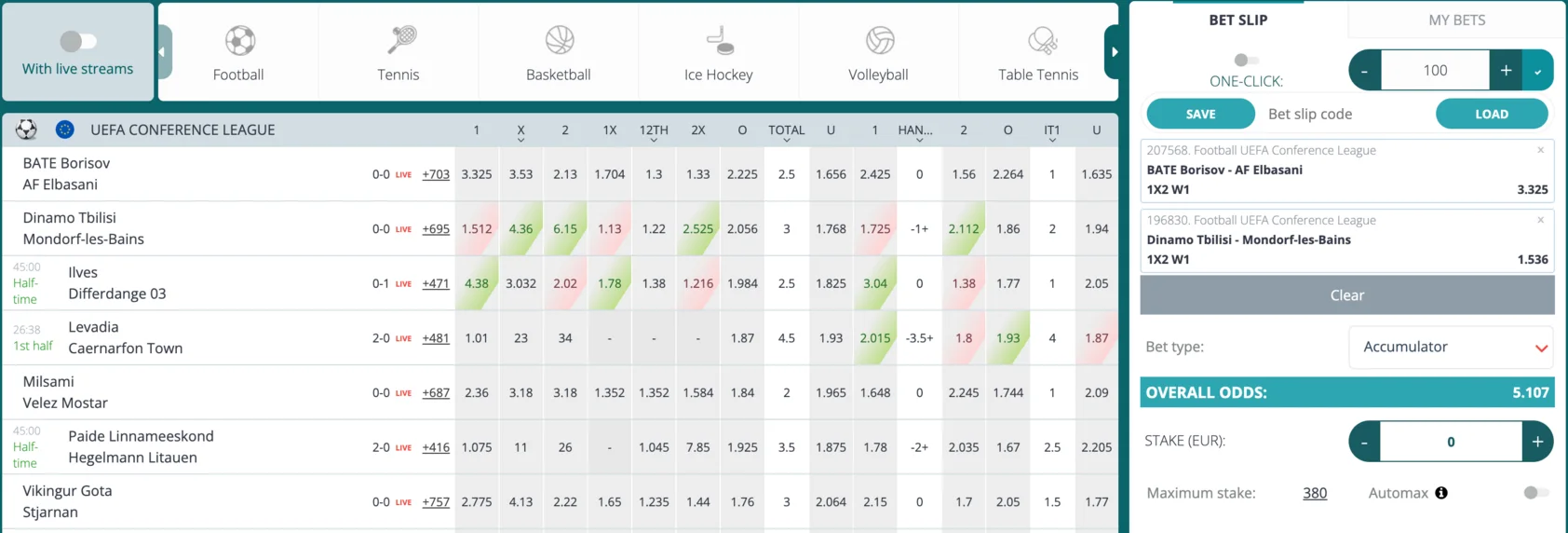 The 22Bet live event list and betslip