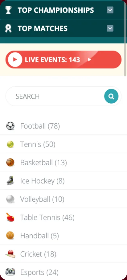 The 22Bet sports sidebar
