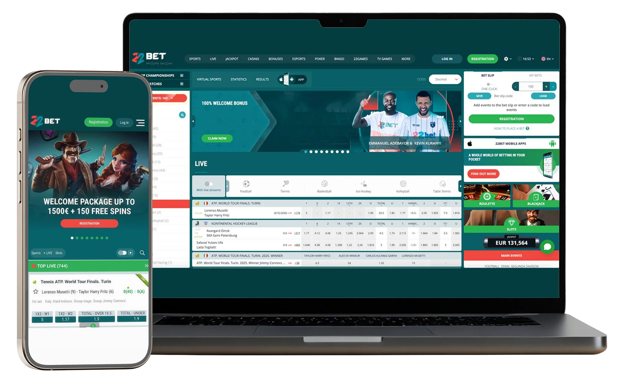 The 22Bet site on a laptop and a phone