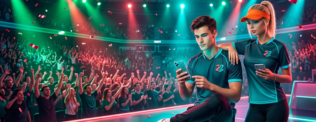 Two fans checking the 22Bet app in a crowd