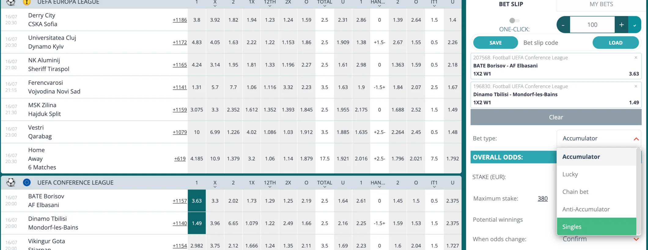 The 22Bet betslip beside a list of live football markets